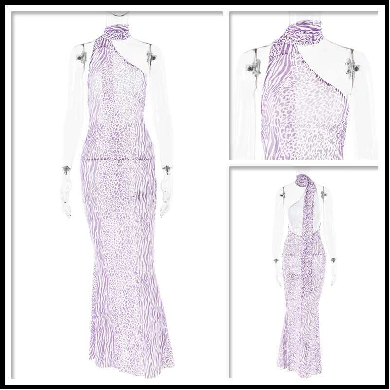 Dongdumaoyi Townlike Leopard Print Mesh Sexy Party Dress Women One Shoulder Summer Backless Slim Bodycon Maxi Long Dresses
