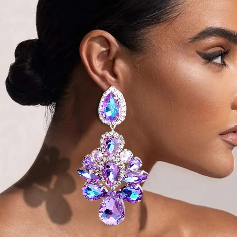 Stonefans Purple Crystal Dangle for Women Studs Wedding Ear Decoration Water Drop Statement Rhinestone Earrings Jewelry