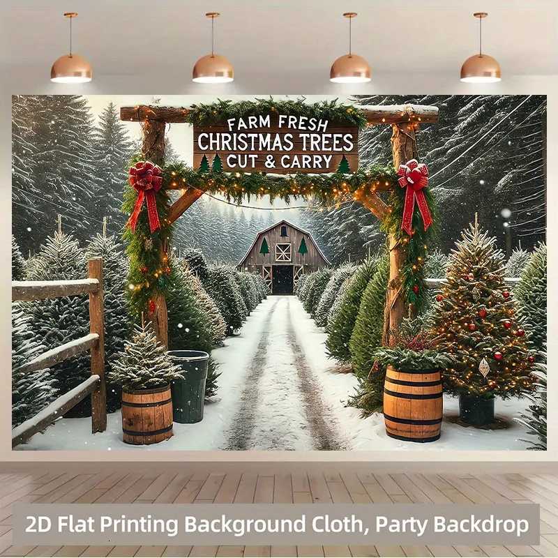 Christmas Tree Farm Tapestry Snowy Winter Forest with Red Ribbon Design Wall Hanging for Cozy Holiday Home and Office DecorM251125