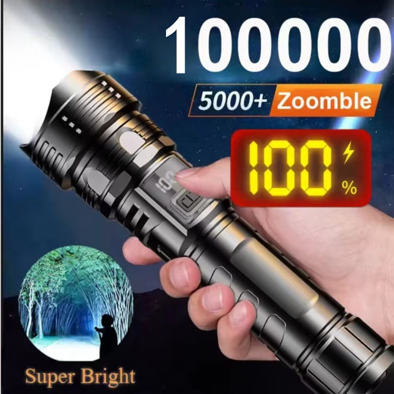 Super Bright 100000 Lumens ABS Plastic Tactical Flashlight LED Numerical Power Display 3000 Lumen Zoomable Waterproof Torch Emergency Light Flash Ligh