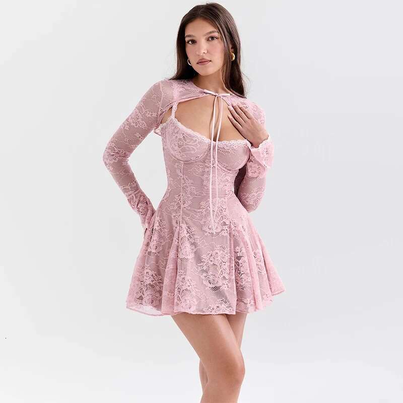 Dongdumaoyi Townlike Lace Waist Wrap A Line Dress Women Mini Autumn Winter Backless Nightclub Sexy Party Dresses With Cardigan