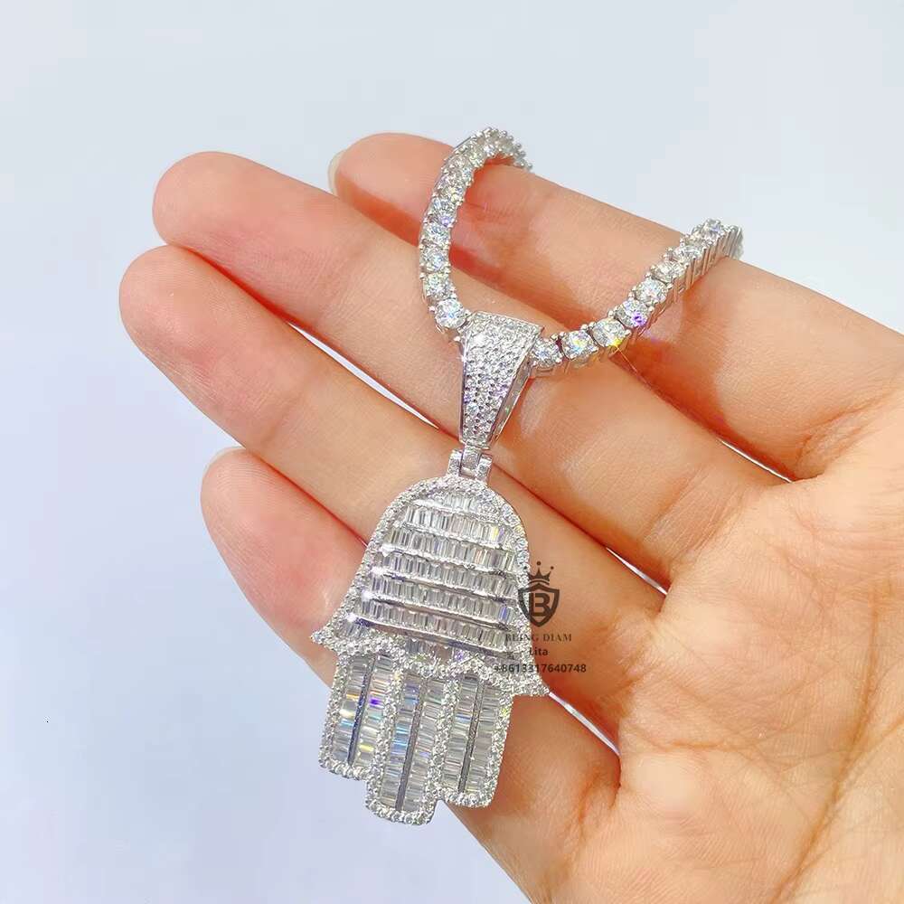 Hot Sale Bling Iced Out Hamsa Hand Pendant Sterling Silver Moissanite 925 Silver Pendant
