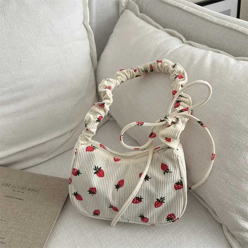 Womens mini underarm bag Corduroy handbag cute strawberry print small handbag half moon design ecological cloth bag mini shoulder bag W250421