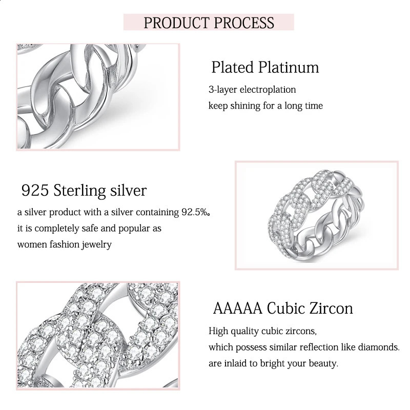 LAYA 925 Sterling Silver Cuban Link Ring Shining Zircon Punk Chain Finger Rings for Women Men Big Size Couple Ring Fine Jewelry 250425