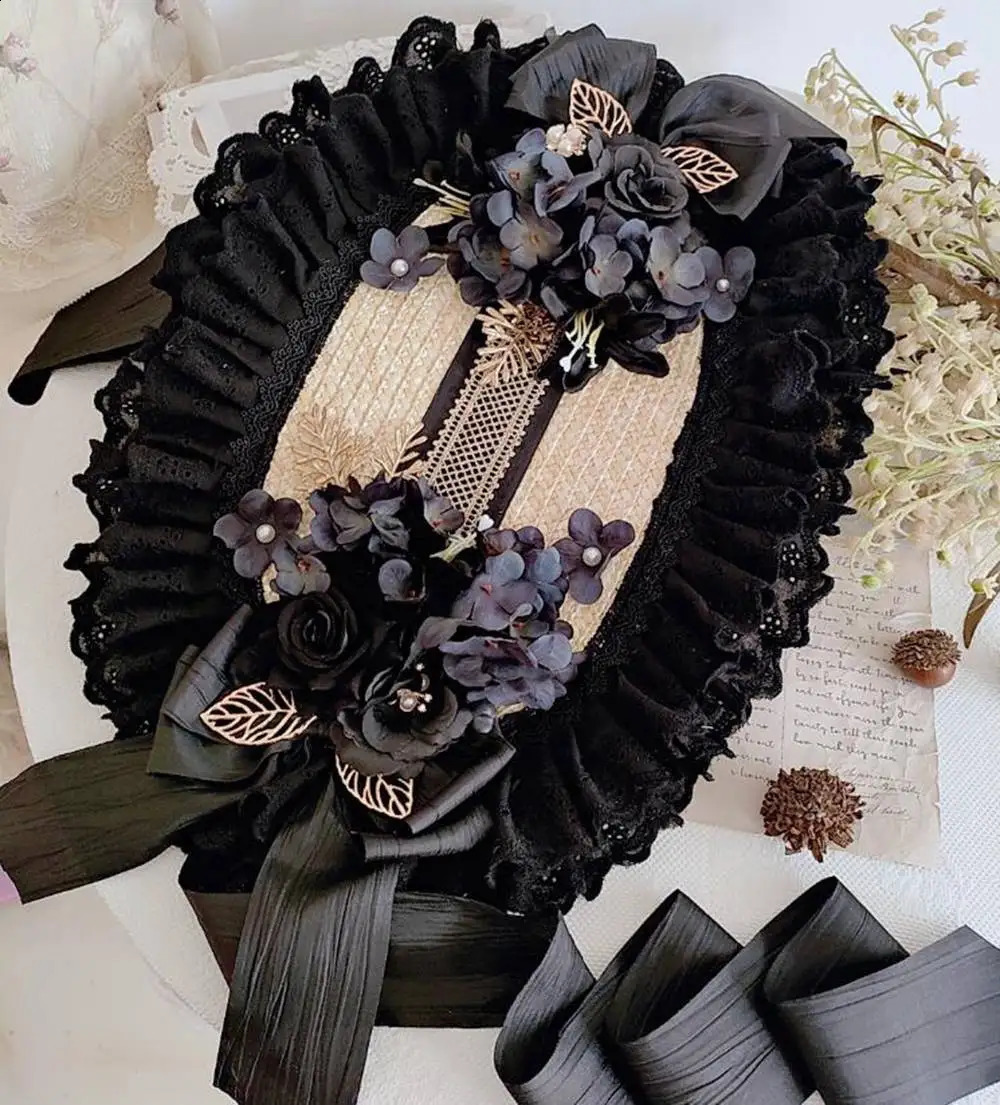 French Lolita Style Vintage Victorian Sun Hat Straw Handmade Tea Party Headwear Accessories Princess Beach Cap 250420