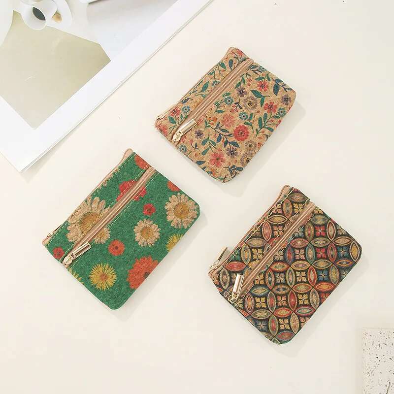 Vintage Fashion Cork Grain Printing Coin Purse Small Wallet Money Key Storage Wood Casual Nostalgic Double Zipper Clutch Bag