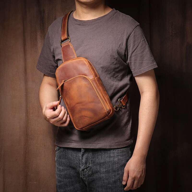 LUOKIR Vintage Crazy Horse Chest Genuine Leather Sling Shoulder Bag High Quality Sports Backpack Messenger Crossbody Bags