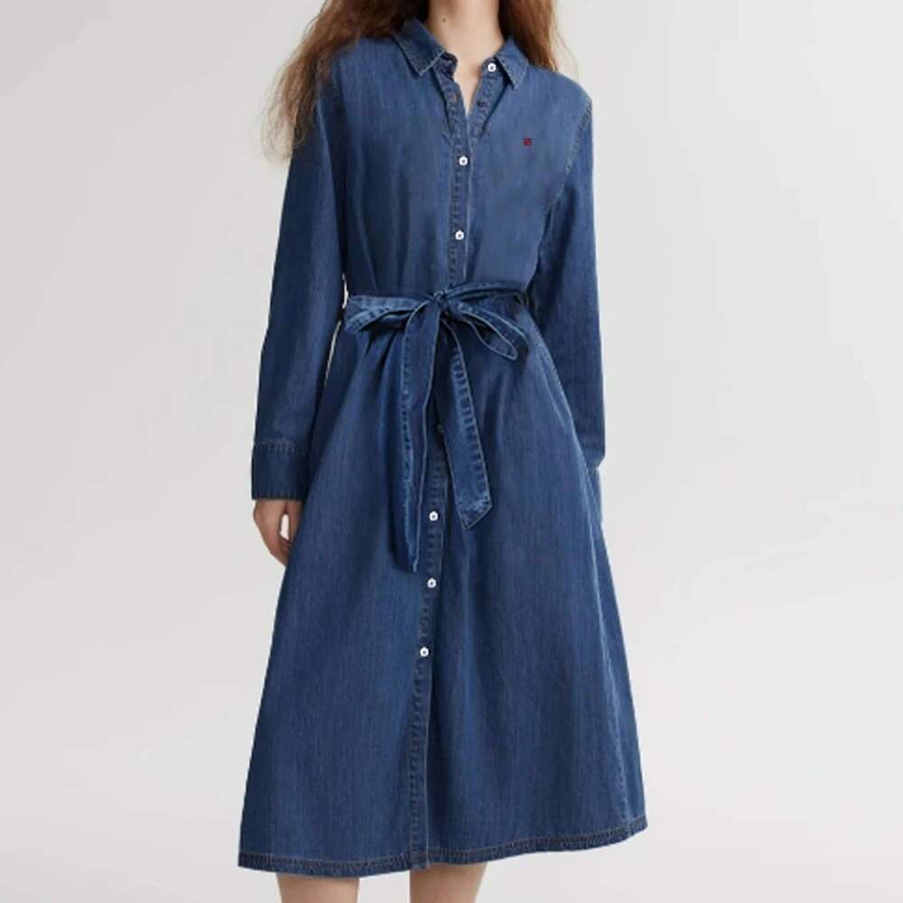 CHCH Women's Fashion Embroidery Polo Neck Shirt Dress Elegant Denim Sleeve Pocket Office Ladies Long Dresses