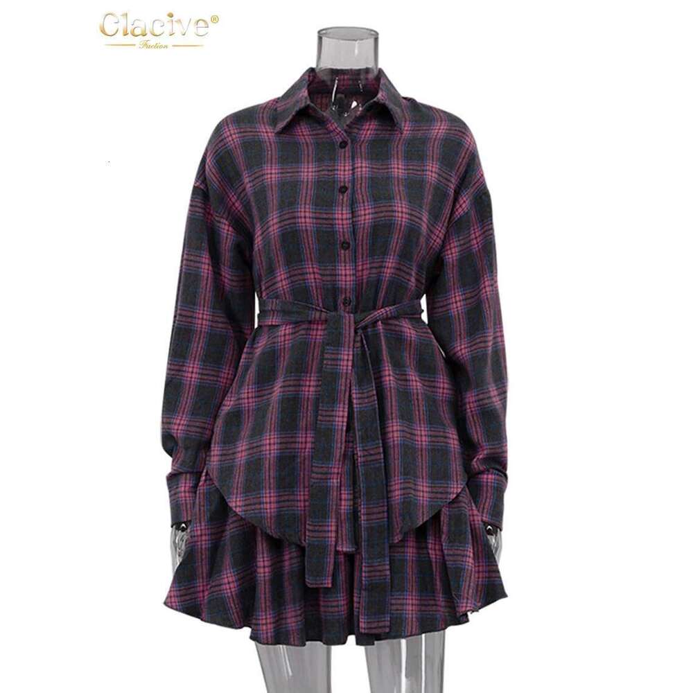 Clacive Fashion Loose Plaid 2 Piece Sets Women Outfit 2025 Elegant Long Sleeve Shirt With High Waist Mini Skirt Set Female