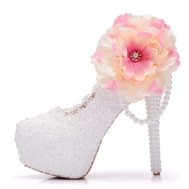 Spring round head shallow lace pearl waterproof platform wedding thin high-heeled banquet dress large size women's shoes