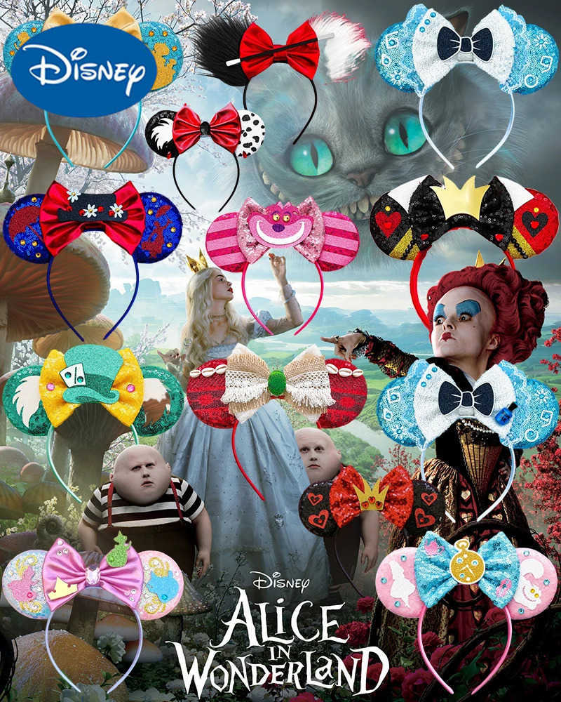 Disney Alices Adventures in Wonderland Disney Ears Cheshire Cat Head with Female Mad Hatter Hair Girl Shining Bow Hair Accessories Childrens Christmas