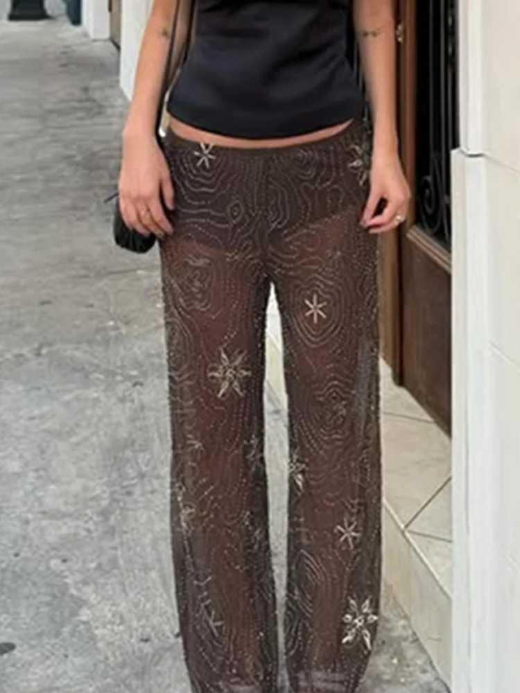 Sparkling beads diamonds snowflake pants womens embroidery straight party evening see through Trouser summer party womens pantsC250425