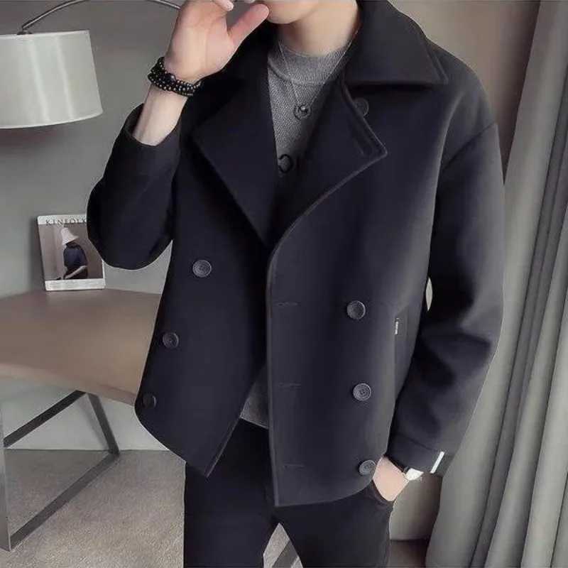 Autumn and Winter Mens Woolen New Style Spliced lapel Button Pocket Fashionable Solid Color Loose Casual Windbreaker JacketT251125