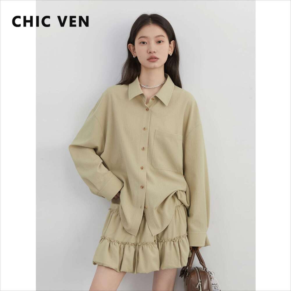 CHIC VEN Women Shirt Solid Long Sleeve Loose Casual New Texture Female Blouses Elastic Waist Mini Skirt Set Spring Summer 2025