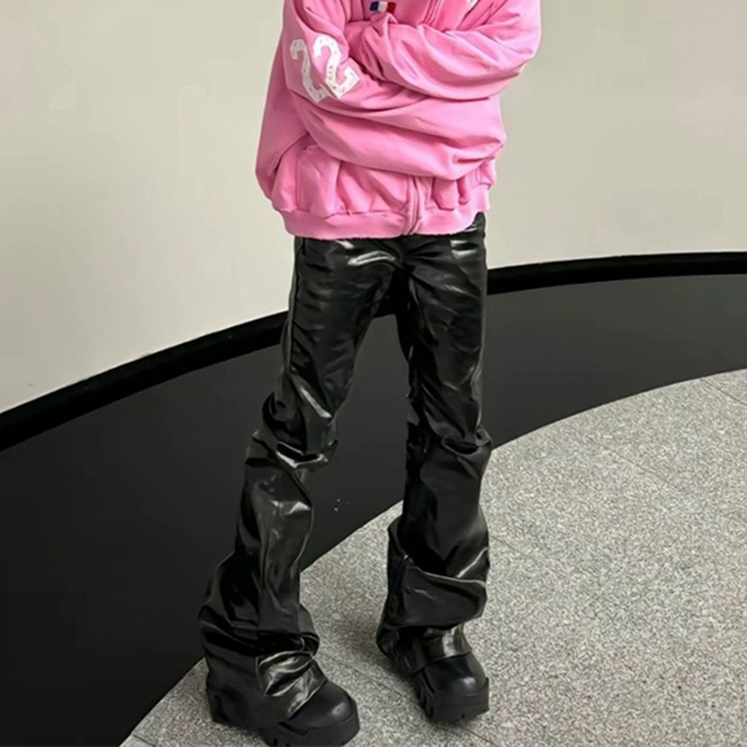 MIJKO Mens and Womens High Street Long Pants Unisex Wide-Leg Trendy Black Coated Glossy Patent Leather Flared Jeans 250901