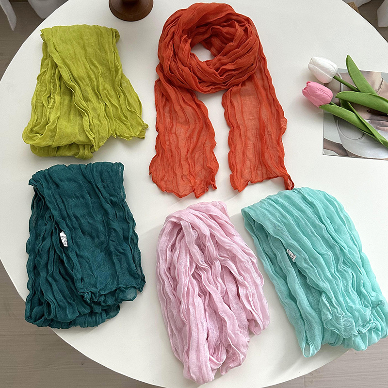 K518 Scarf women 2024 new all-match candy color small twist wrinkled silk scarf plain Bali yarn shawl scarf wholesale