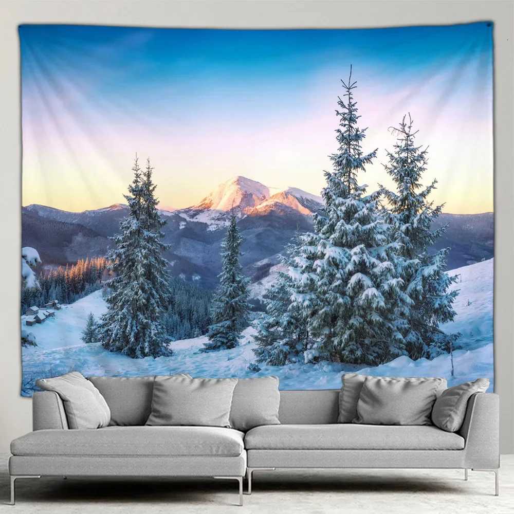 Outdoors Winter Forest Snow Scene Tapestry Wall Hanging Christmas Tree Happy New Year Bedroom Patio Wall Hanging Mural Art DecorM251125