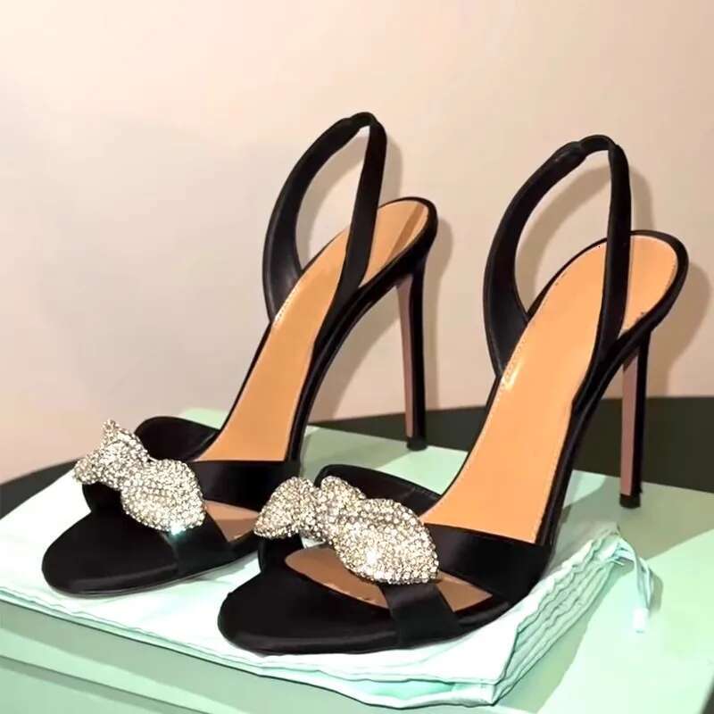 2025 summer new crystal bow tie satin open-toe sexy stilto-heeled high-heeled banquet dress small size women's sandals
