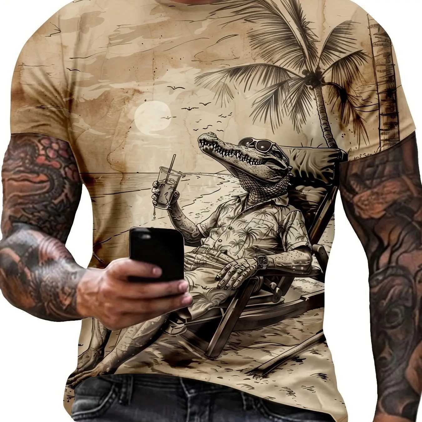 Mens crocodile pattern T-shirt short sleeved crew collar T-shirt mens summer outdoor sportswear casual T-shirt W250425