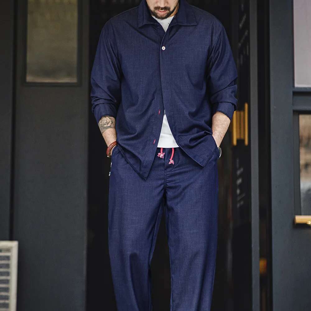 Maden Spring Vintage Blue Sets For Men Long Sleeve Shirts Loose Casual Straight Pants Mens Clothes Set Two Piece Plus Size Shirt