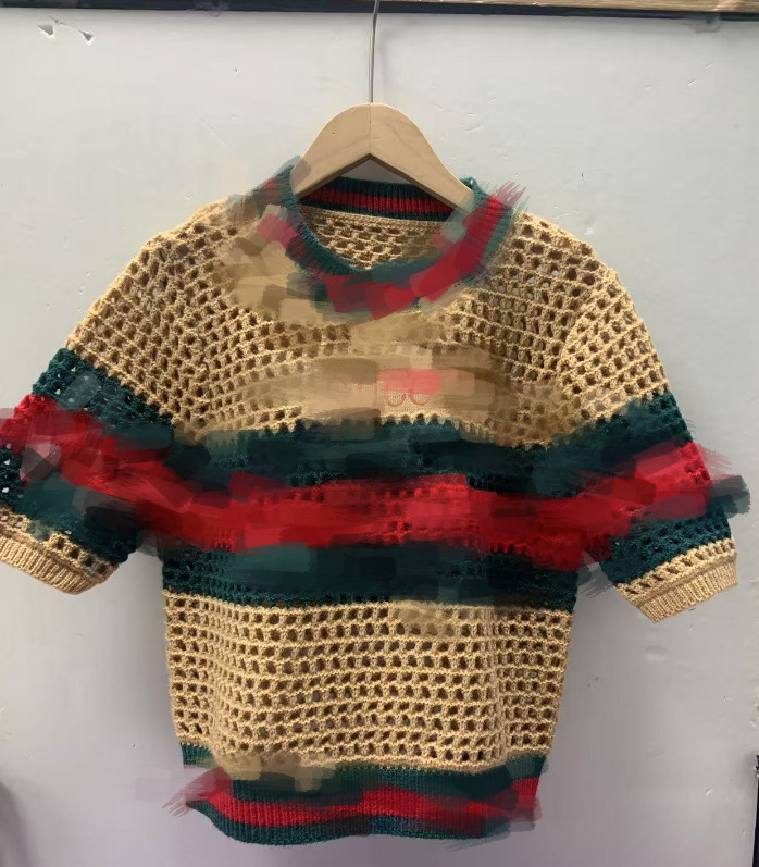 New Women's Sweaters Knitted T-shirt Luxury brand Women designer Sweaters Casual Knitwear hollow out short coat Short sleeved Embroidered red logo