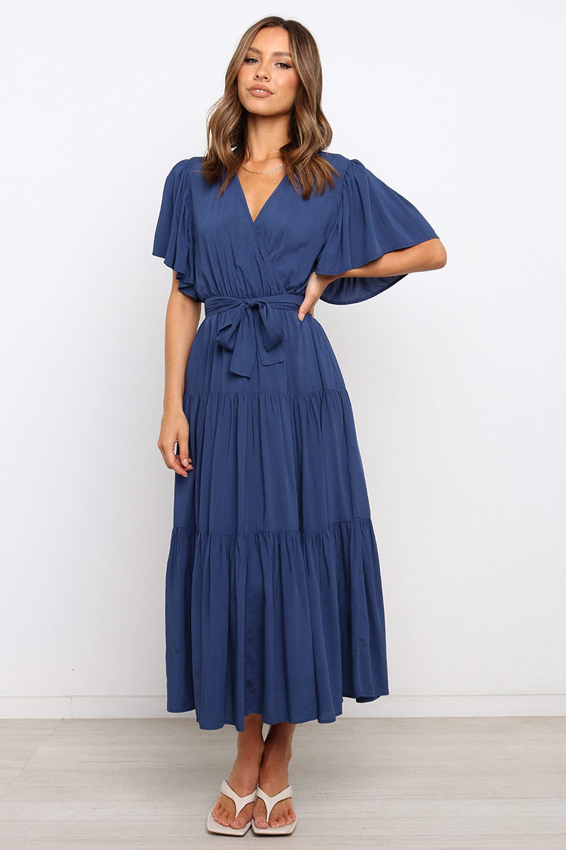 New V-neck commuter print short sleeve waist length skirt bohemian dress