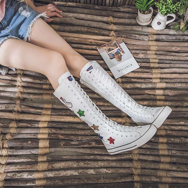 Spring and summer new long tie side zipper knee boots casual flat inner heightening large size embroidered canvas women's shoes