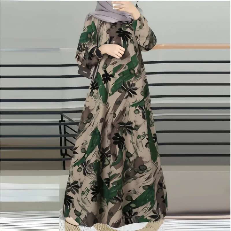 Dongdumaoyi New Style Long Robe Printed Middle Eastern Muslim Malay Full Sleeve Round Neck Dress W