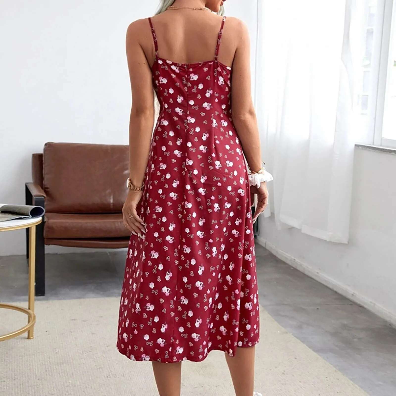 Dongdumaoyi Summer Spaghetti Strap Floral Print Dress Women Sleeveless Boho Slit Bandage Sling Outfits Party Sundress Vestidos
