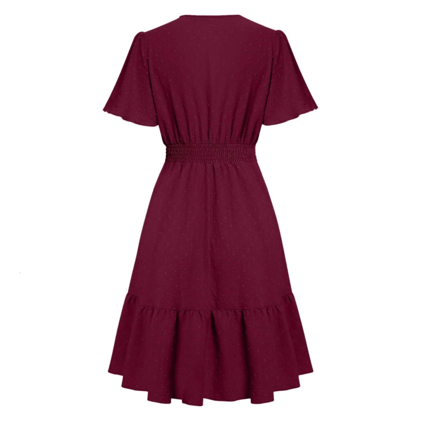 Dongdumaoyi Women Summer Beach Dress Dots Short Sleeve Casual V Neck Elastic Waistband Ruffled Edge Folds Skirt Regular