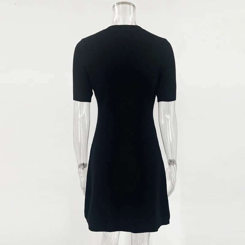 Elegant White Knitted Women Sexy Slim Fit Ribbed Knit Metal Button Short Sleeve Holiday Party Mini Dress