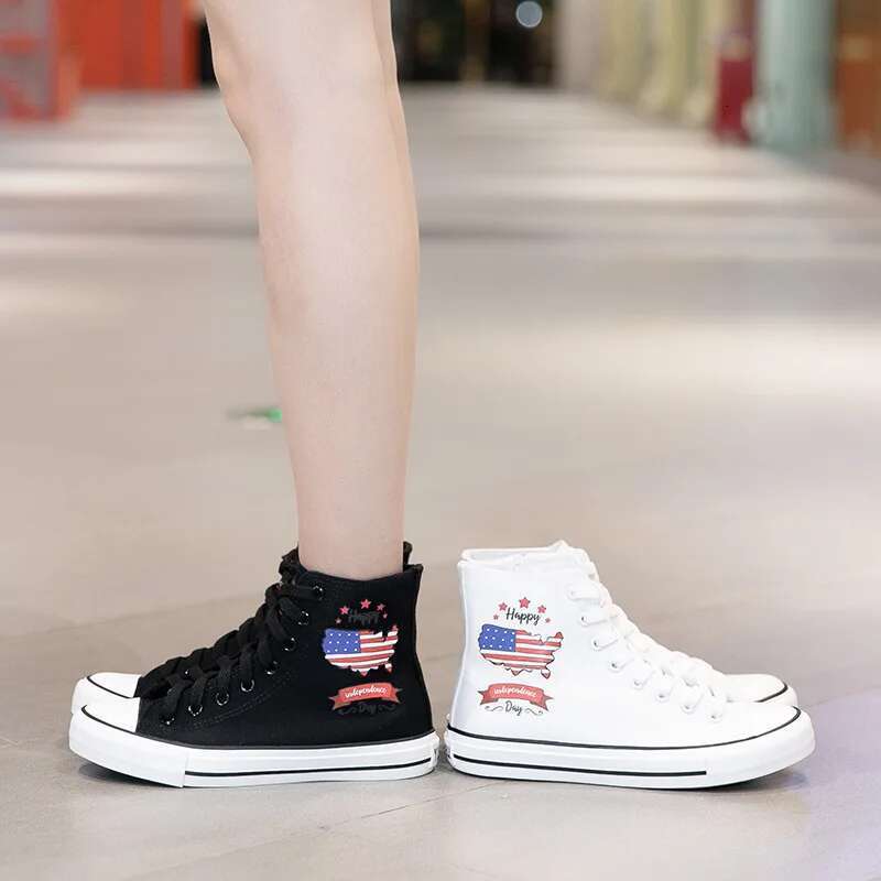Spring new short tube embroidered lace-up side zipper flat canvas casual print inner heightening large size women's shoes