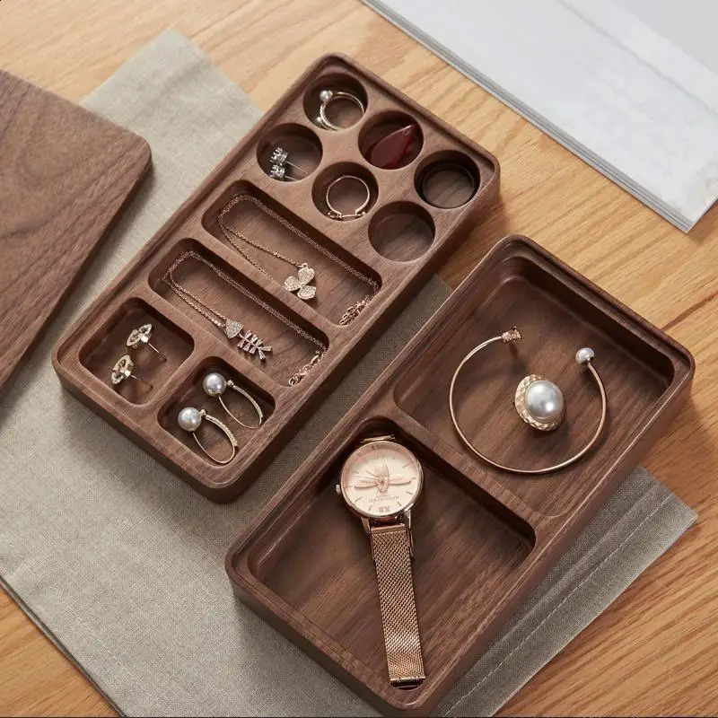 Black walnut wooden jewelry box storage box Delicate earrings stud necklace high-grade double-layer dust-proof anti-oxidation 250424