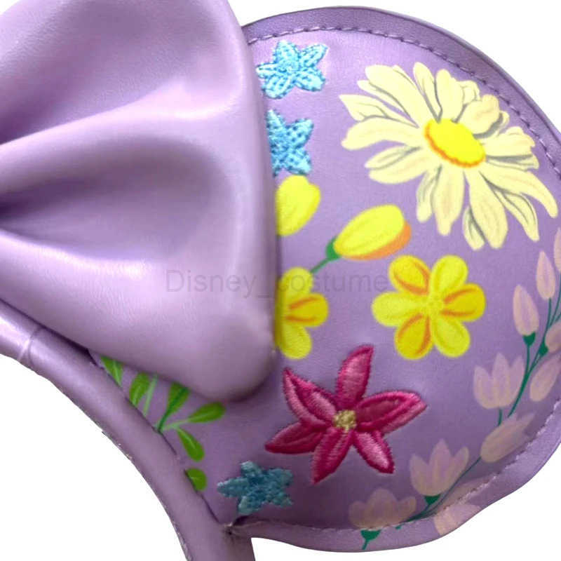 Disney PU leather Mickey Mouse ear headband Disney theme park embroidery flower light purple Minnie ear headband girls gift X250425