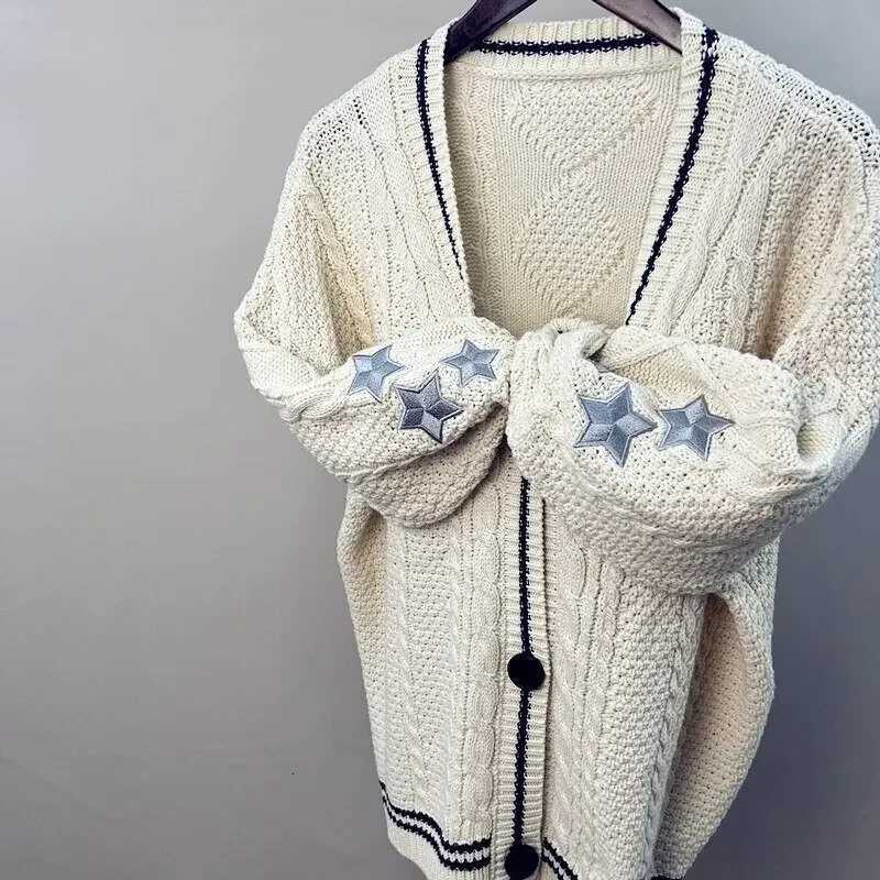 Long Sleeve Single Breasted Knitted Cardigans Vintage Embroidery Star Loose Sweaters For Women Fashion Color block TopsT251125
