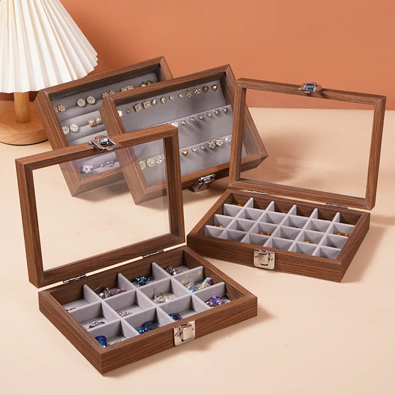 Black Walnut Wood Grain Solid Wood Jewelry Storage Box Dust-proof Belt Lid Jewelry Box Bracelet Ring Earring Necklace Box 250424