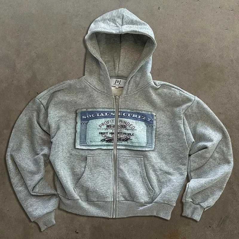 Y2K retro mens automatic hooded sweatshirt with personalized printed pattern street style hooded sweatshirt with open collar and long sleeves M250425