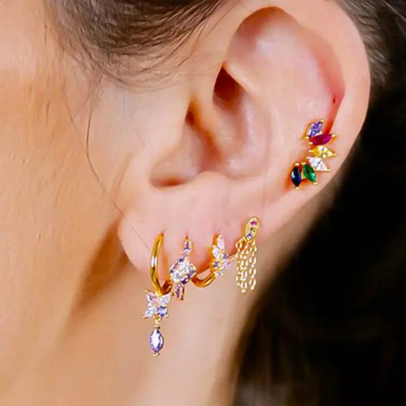 925 Sterling Silver Needle Blue Pink Crystal Stud Earrings For Women Fashion geometry Pendant Earrings Jewelry Gifts 250424