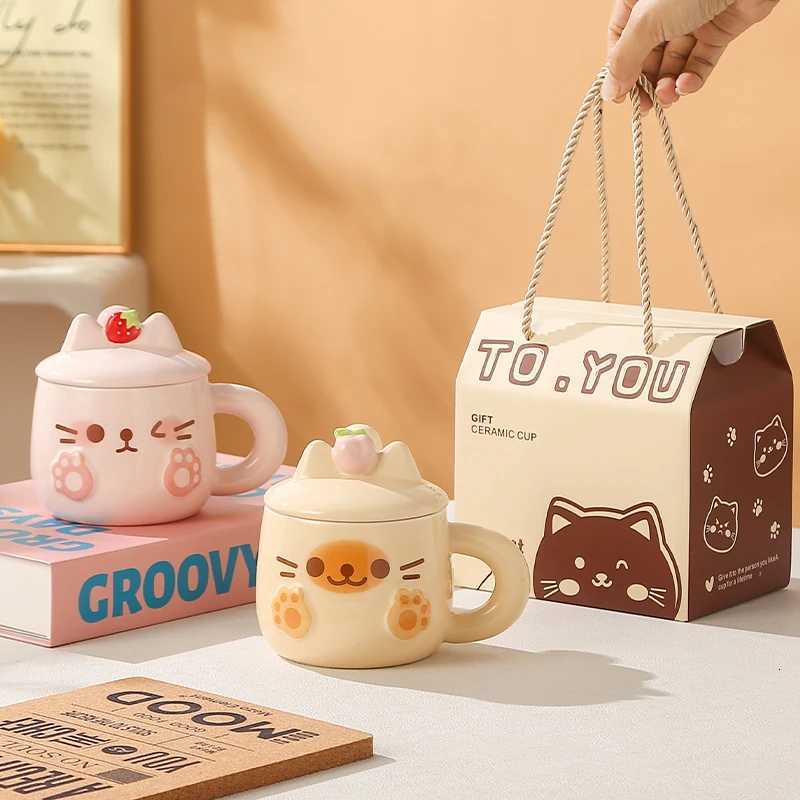 Cartoon Ceramic Cup Sets Gift Box 380ml New Household Cute Cat Heatproof Relief Mugs with Lid Scoop Exquisite Gift to Friends Y251125