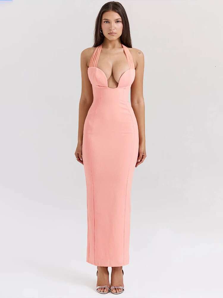 Dongdumaoyi Townlike Elegant Maxi Long Slim Bodycon Dress Women Halter Summer Spilt Backless Nightclub Sexy Party Dresses