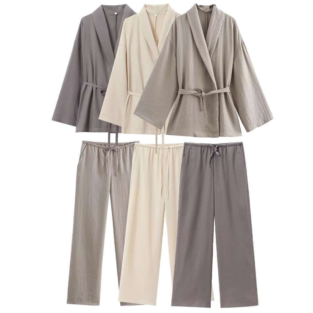 2024 Autumn New Women's Casual Wear With Belt Texture And Kimono Outerwear Pama Style Wide Leg Pants Set