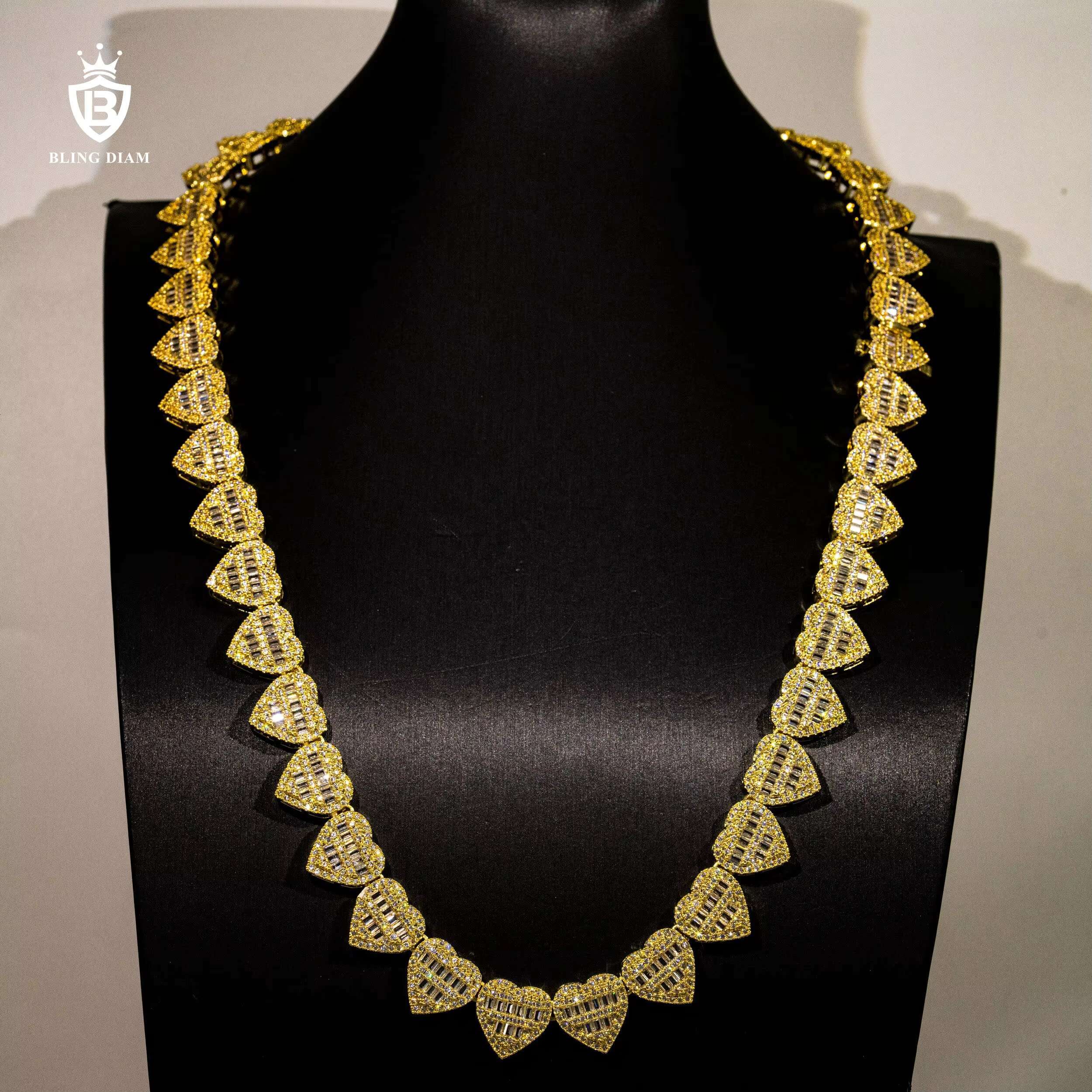 New Design baguette Cubic Moissaniteia 13mm Heart Sterling Silver 925 Necklace Women Wholesale Cuban Link Chain