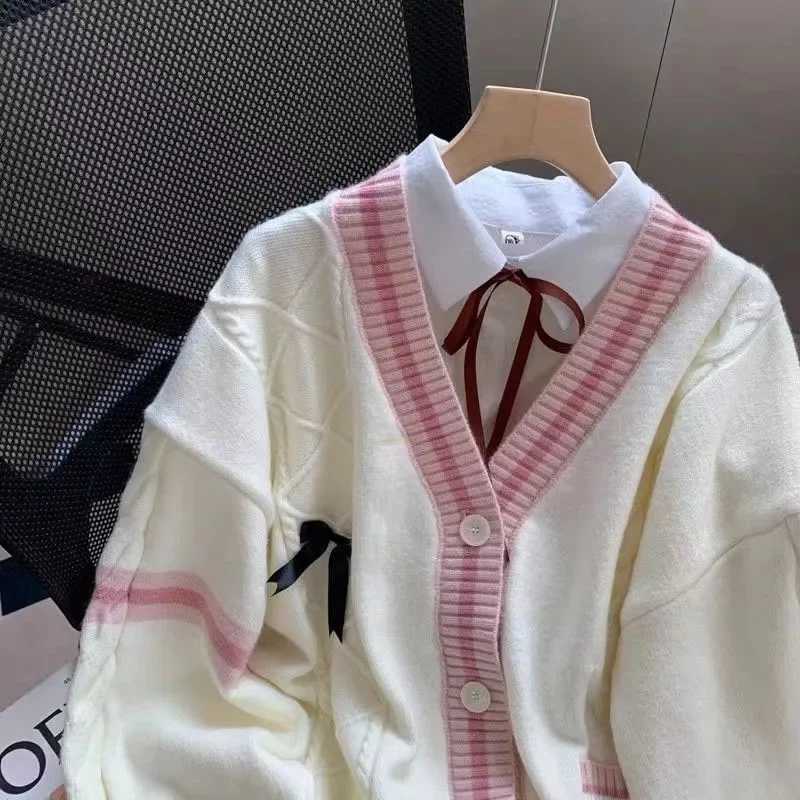 Sweet Bow Sweater Cardigans Women Y2K Aesthetic Contrast Color V-Neck Knitted Cardigan Kawaii Jk Single Breasted Sweaters CoatT251125