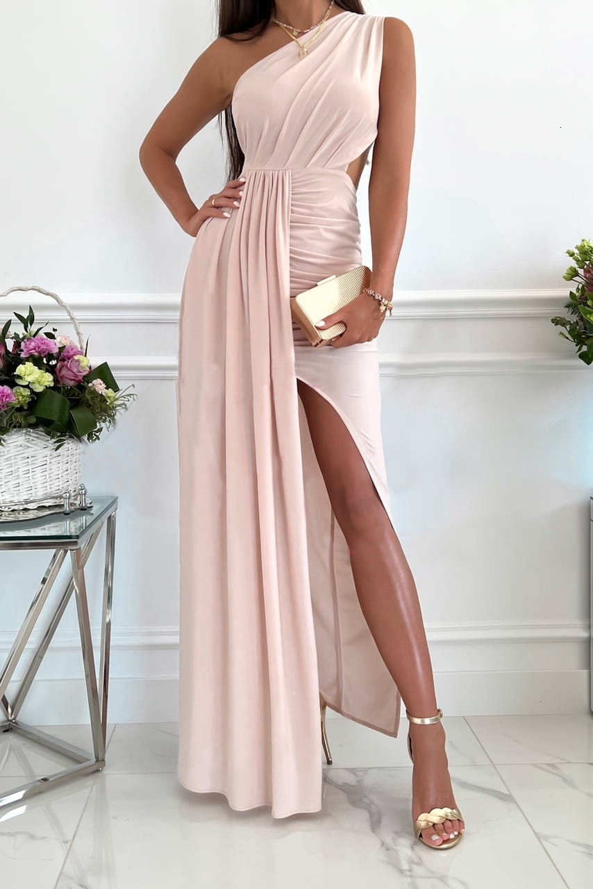 2022 summer sleeveless diagonal shoulder hollowed out split dress for women