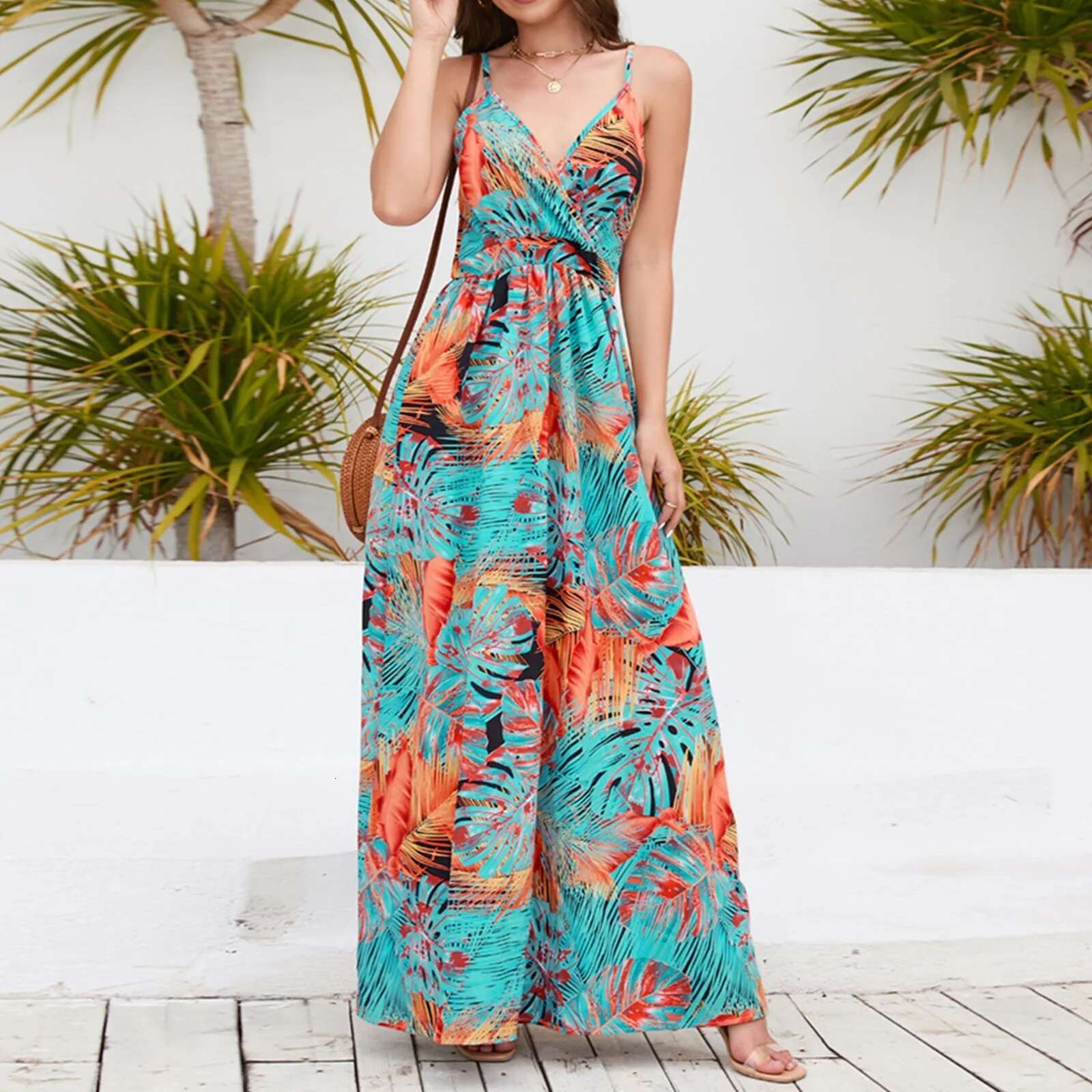 Dongdumaoyi Bohemian Beachwear Dress Flower Printed Waisted Sleeveless Long Sexy V Neck Strap Pleated Elegant Party Women