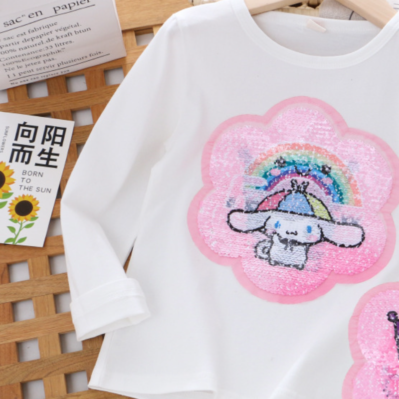 Disney girl designer t-shirt children's cotton top girl color changing sequin t-shirt spring and autumn top girl's top comfortable soft prin