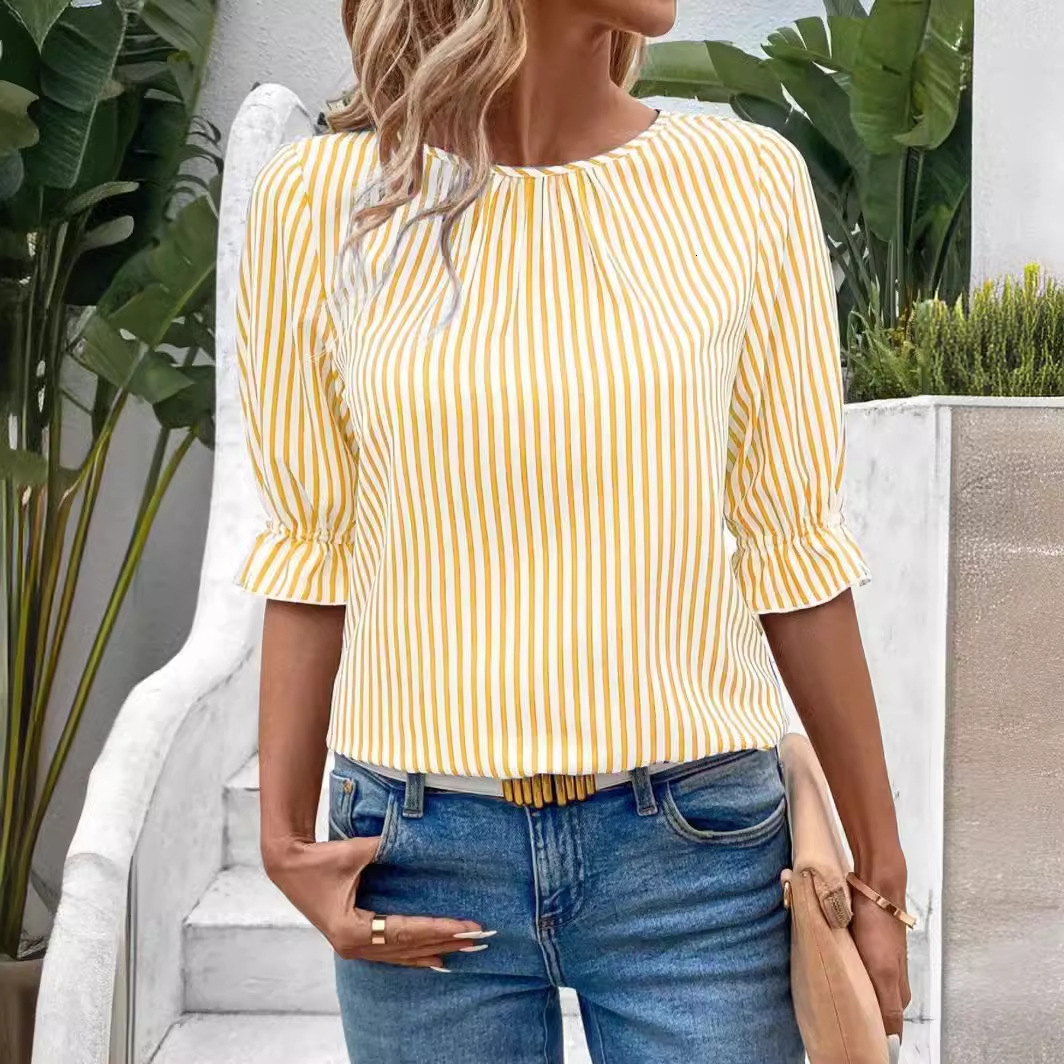 2024 New Fashionable Blue Striped Button Design Shirt Top