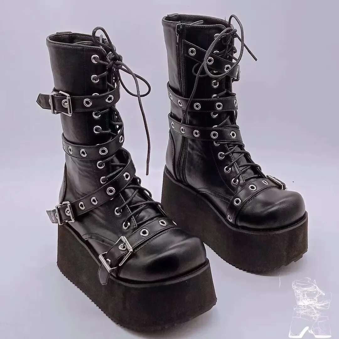Plus Size 43 Autumn Buckle Round Toe Wedges Platform Punk Goth INS Street Shoes Combat Boots For Women