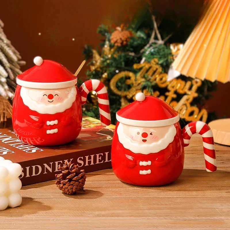 Santa Ceramic Mug Cute Christmas Hat Lid Hand Drawn Large Capacity Water Cup Breakfast Milk Coffee Cup Birthday Present Y251125