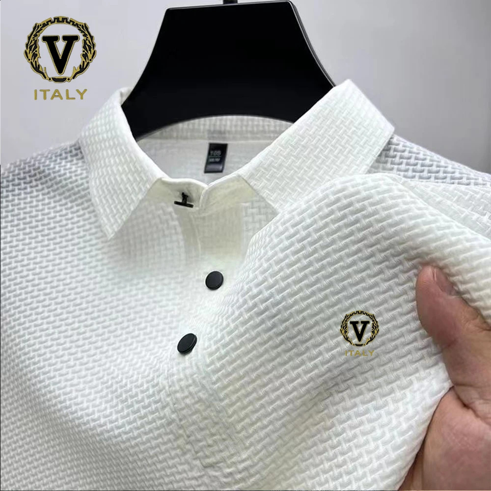 Fashionable printed ice silk elastic polo shirt summer breathable mens business short sleeved top 250422
